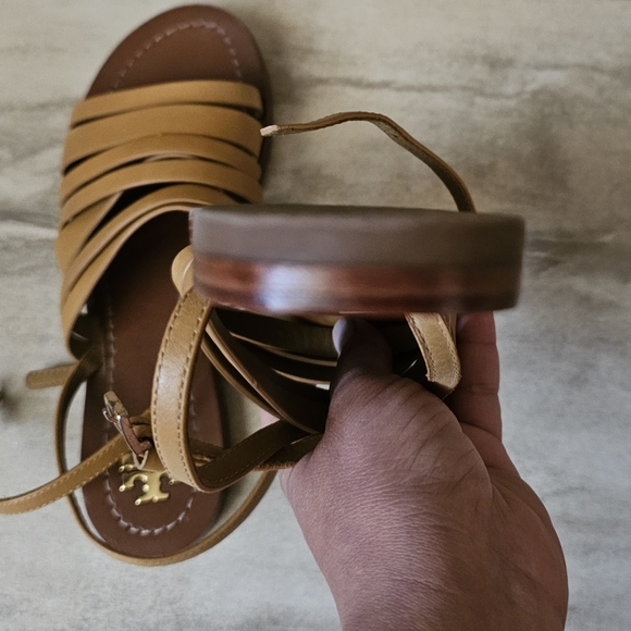 Tory Burch Patos Flat Strappy Sandals Slides Ankle Strap Size 6 Tan Leather - Picture 2 of 4